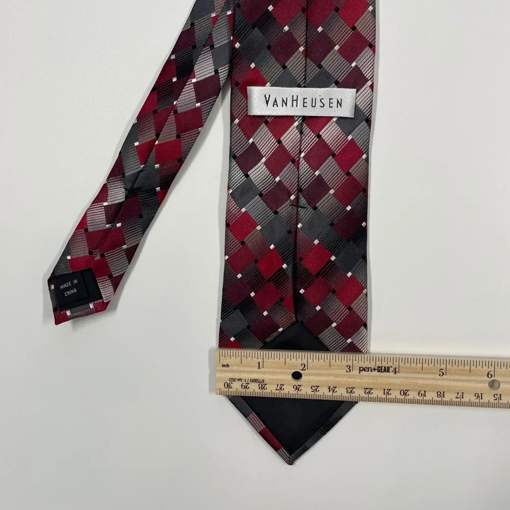 Van Heusen Red Grey Geometric Woven Necktie Mens One Size